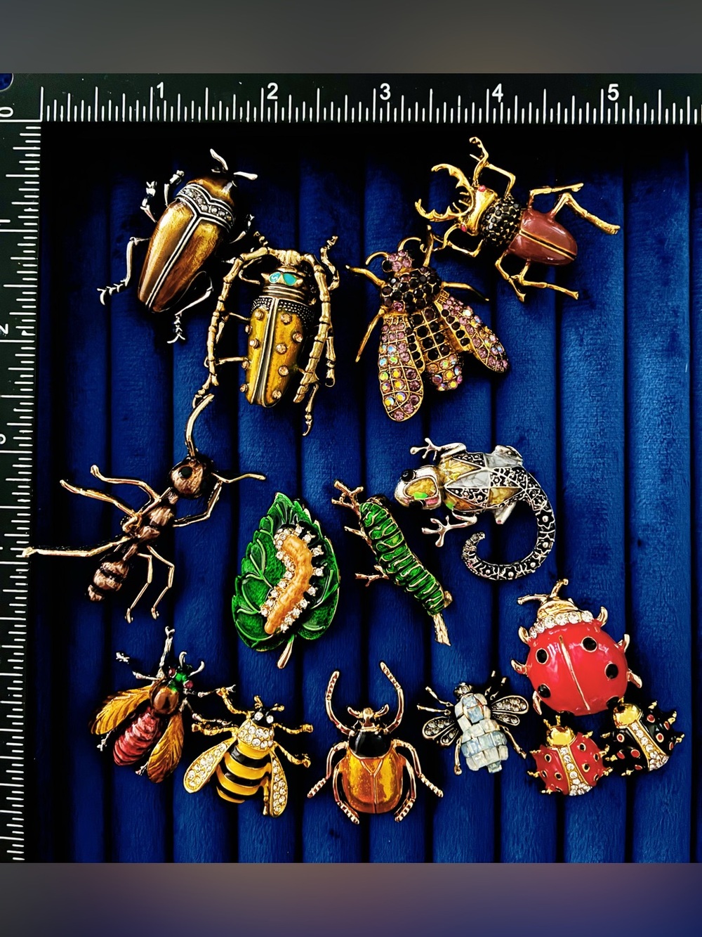 15 Pc Insect Brooch Pin Lot Beetle Bee Ant Caterpillar Ladybug Rhinestone